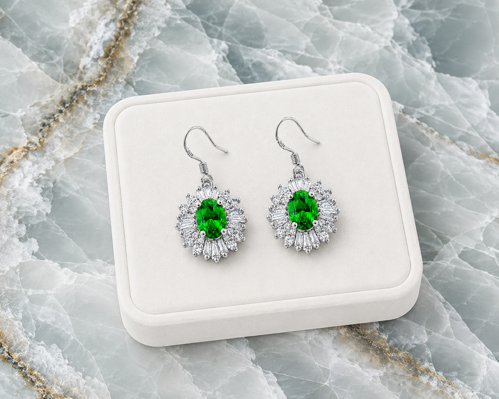 Natural 4x6mm Chrome Diopside Halo Drop Earrings | 925 Sterling Silver