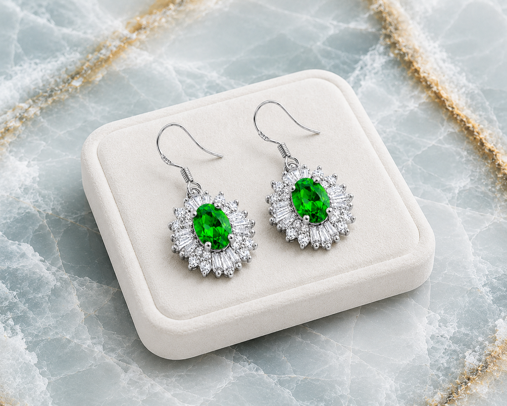 Natural 4x6mm Chrome Diopside Halo Drop Earrings | 925 Sterling Silver