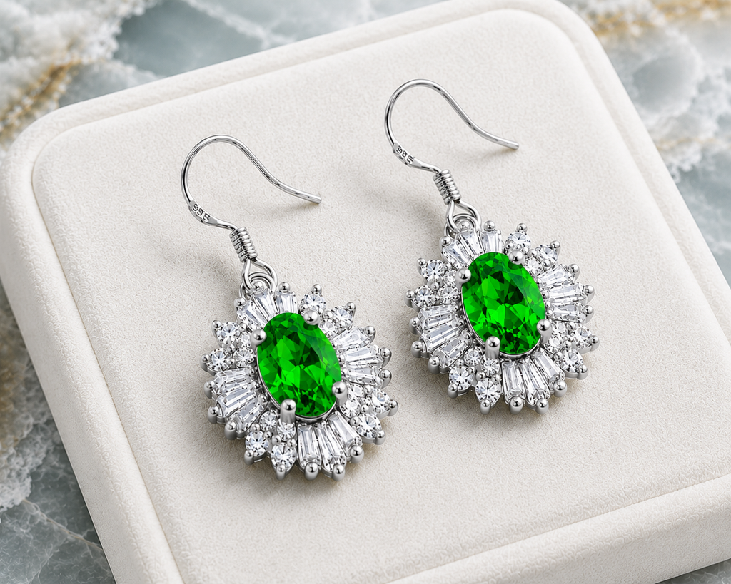 Natural 4x6mm Chrome Diopside Halo Drop Earrings | 925 Sterling Silver