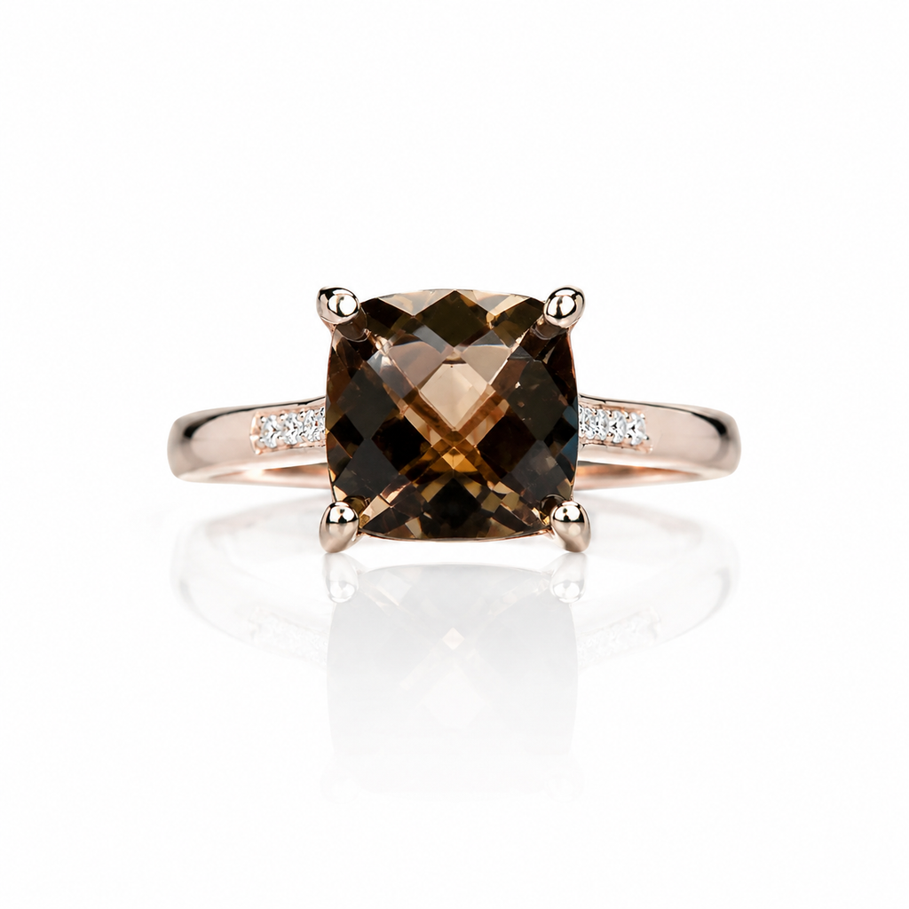 Natural 8mm cushion cut smoky quartz ring in rose gold plated 925 sterling silver on a white background.