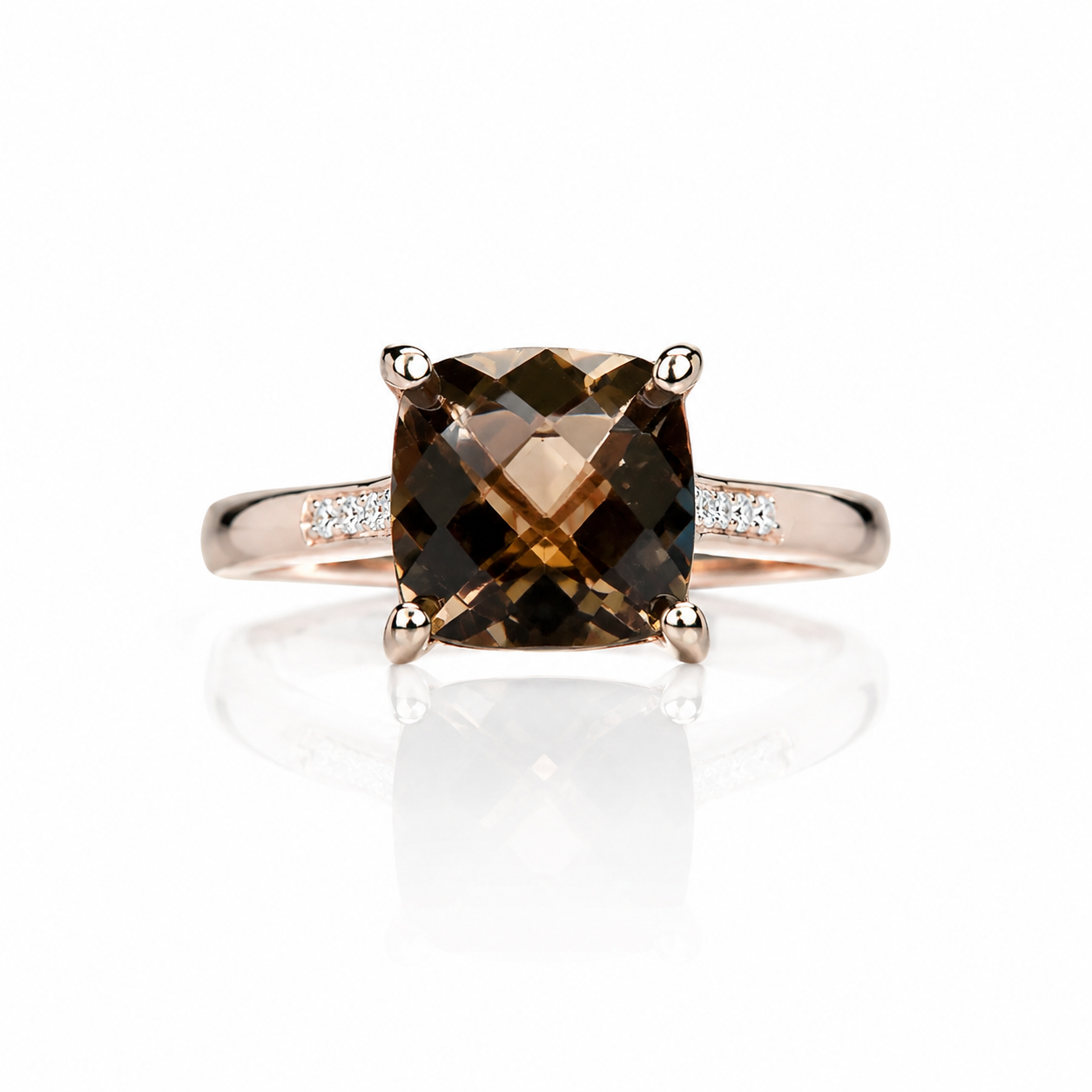 Natural 8mm cushion cut smoky quartz ring in rose gold plated 925 sterling silver on a white background.