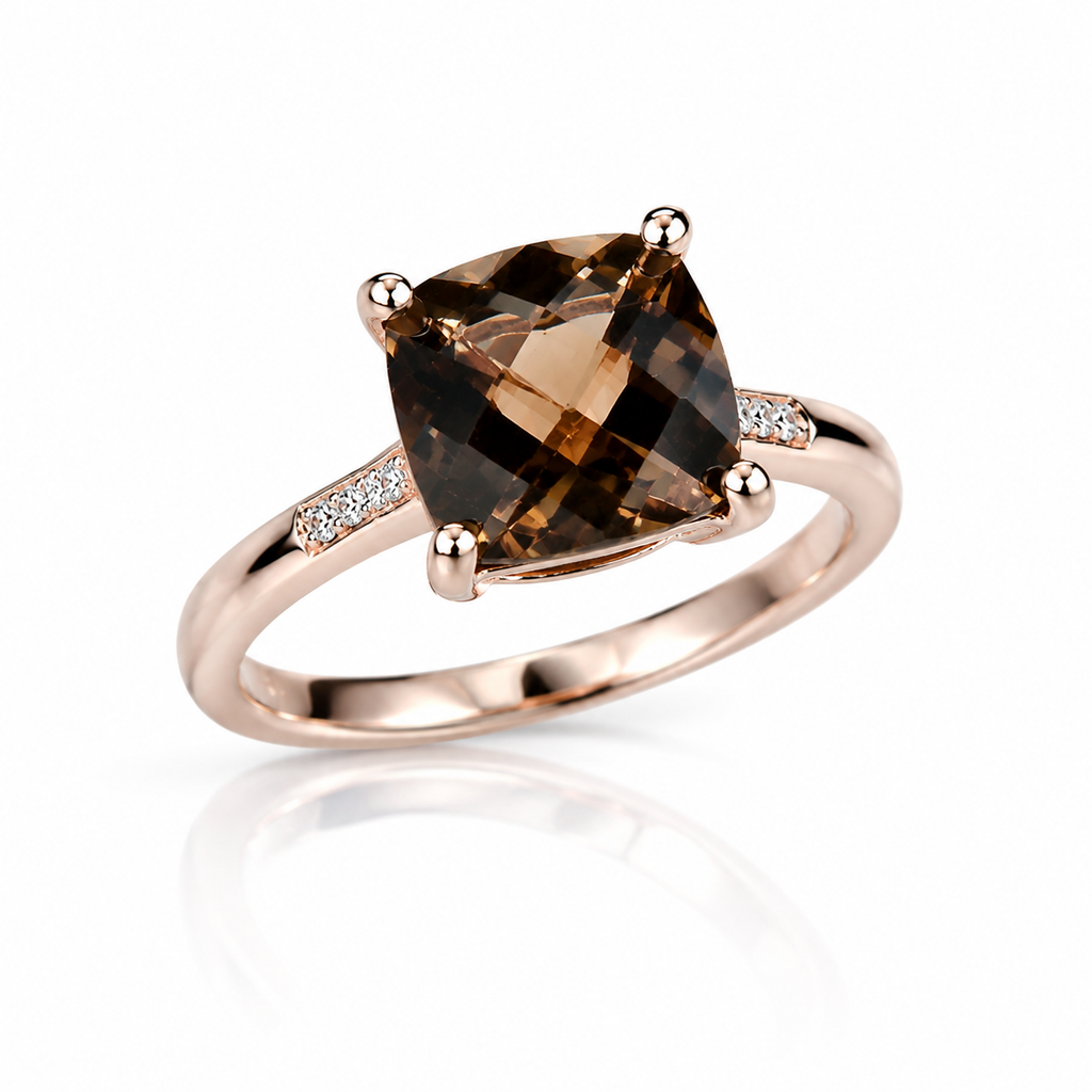 45-degree view of a natural cushion cut smoky quartz solitaire ring with rose gold plated finish.