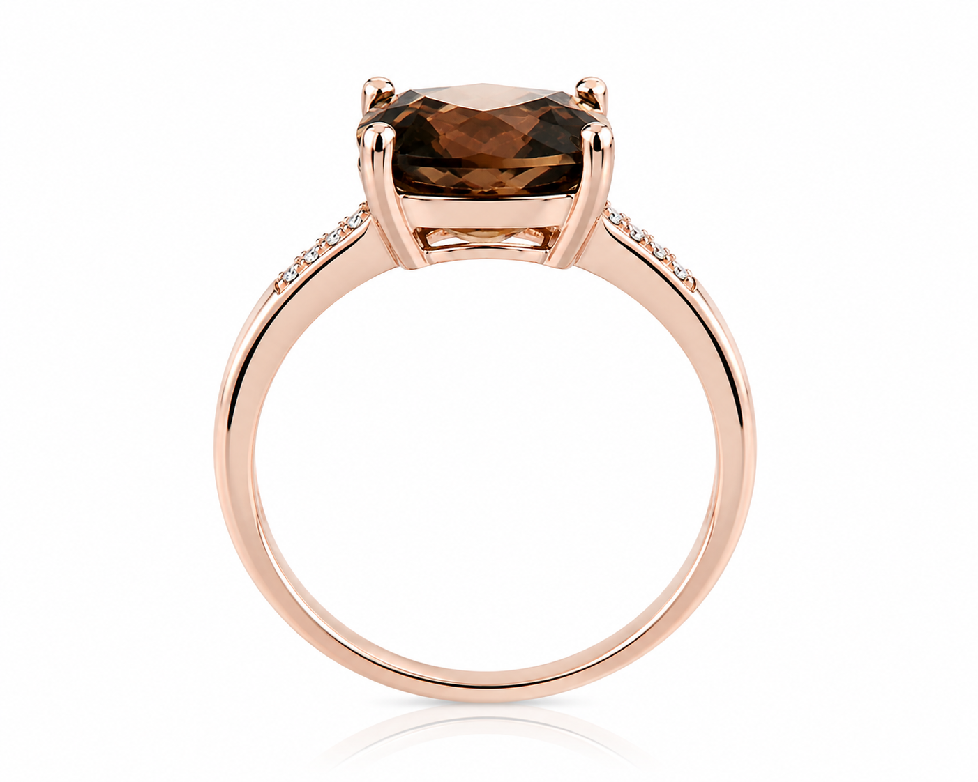 Side profile of a rose gold plated 925 sterling silver smoky quartz solitaire ring.