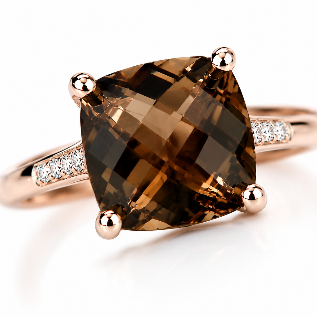 Macro close-up of a natural 8mm cushion cut smoky quartz gemstone showing brilliant faceting.