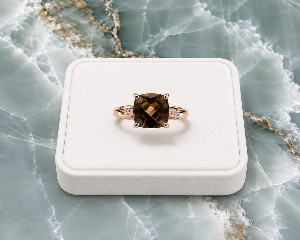 Natural smoky quartz ring displayed on a premium white velvet jewelry tray over elegant blue marble.