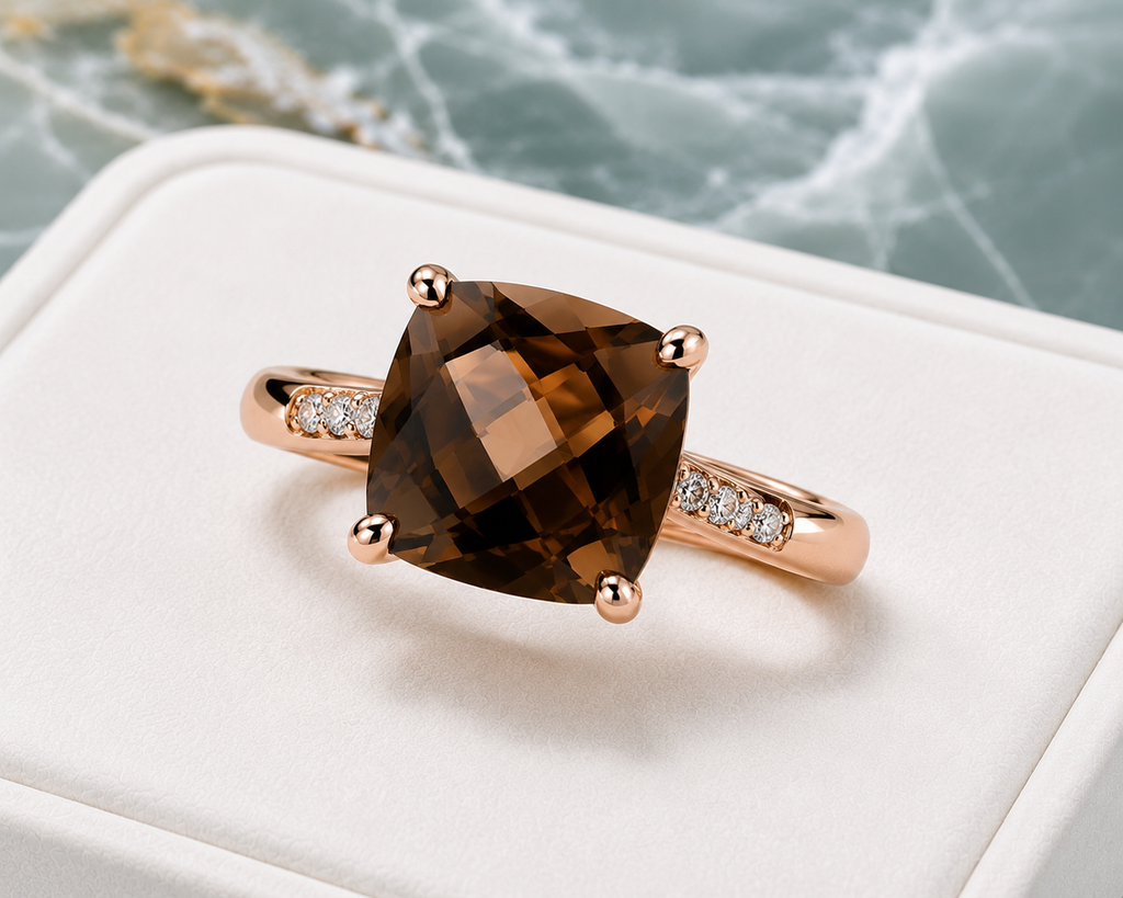 Natural smoky quartz ring displayed on a premium white velvet jewelry tray over elegant blue marble.