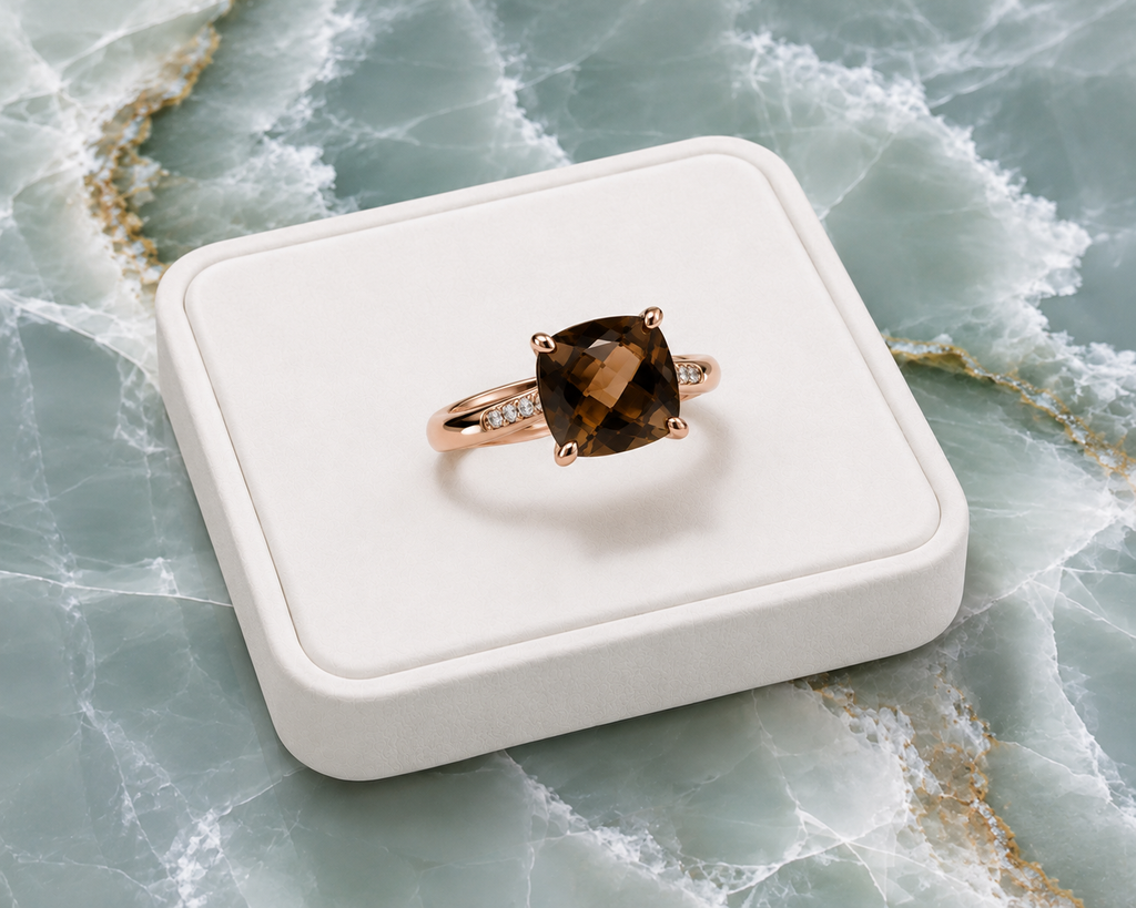 Natural smoky quartz ring displayed on a premium white velvet jewelry tray over elegant blue marble.