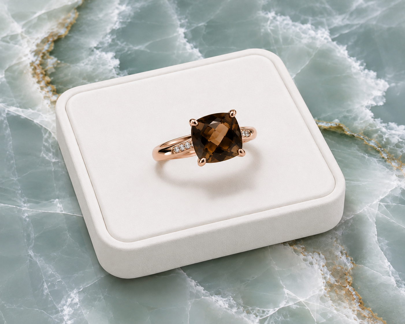 Natural smoky quartz ring displayed on a premium white velvet jewelry tray over elegant blue marble.