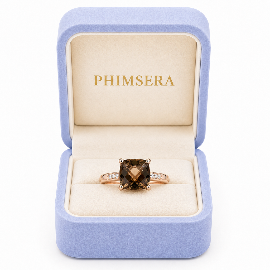Natural smoky quartz ring presented inside a luxury Phimsera jewelry gift box with cream velvet interior.