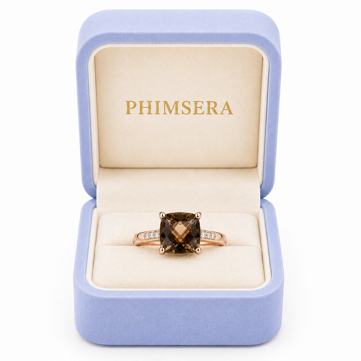 Natural smoky quartz ring presented inside a luxury Phimsera jewelry gift box with cream velvet interior.