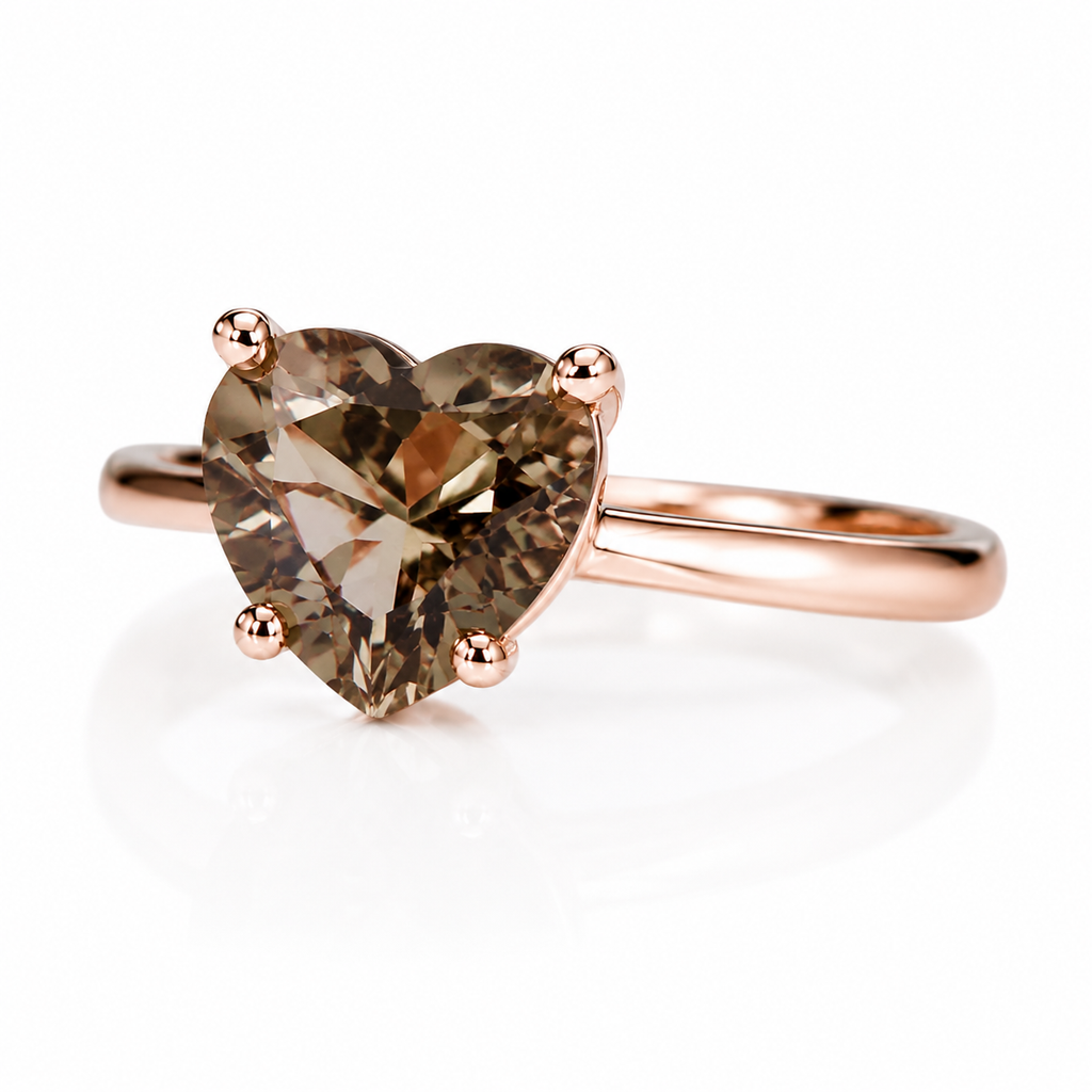 8mm heart-shaped natural smoky quartz solitaire ring in 925 sterling silver