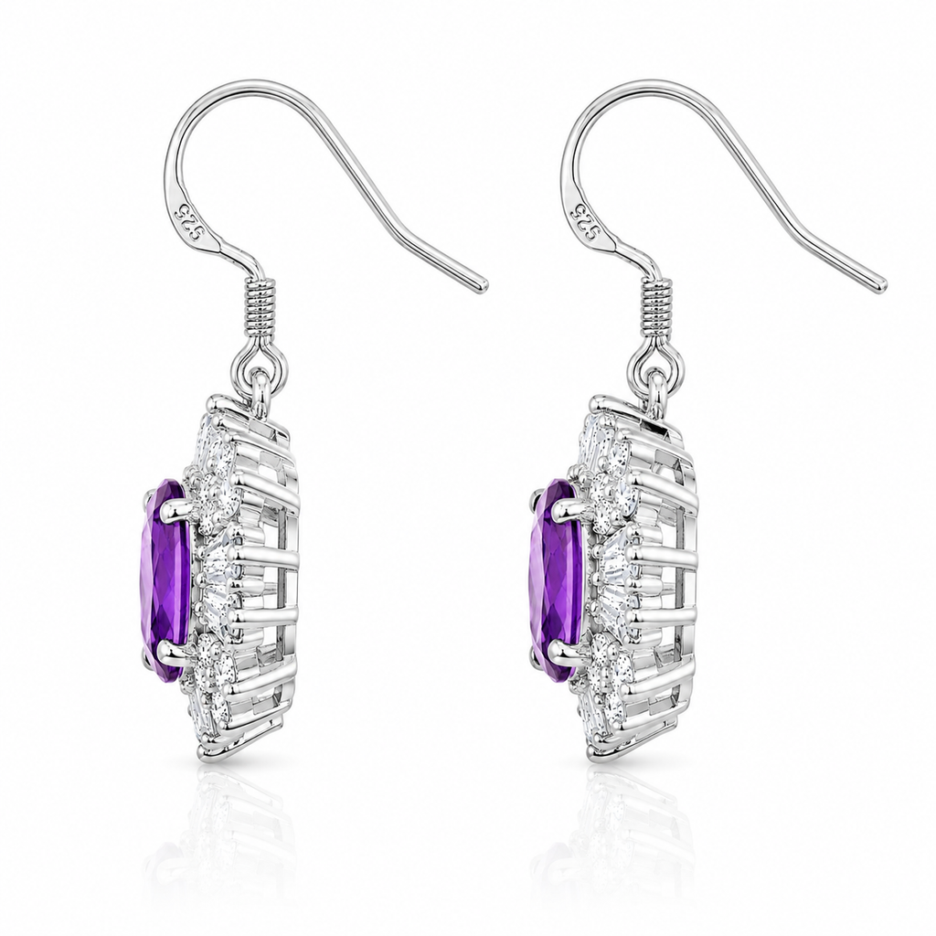Side profile of 4x6mm amethyst earrings showing the raised prong setting, open silver gallery, and halo depth.