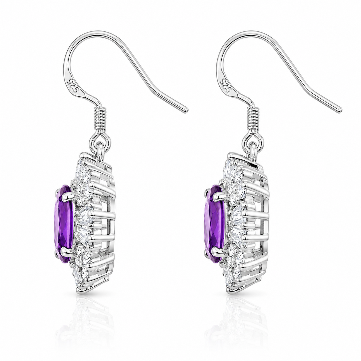 Side profile of 4x6mm amethyst earrings showing the raised prong setting, open silver gallery, and halo depth.