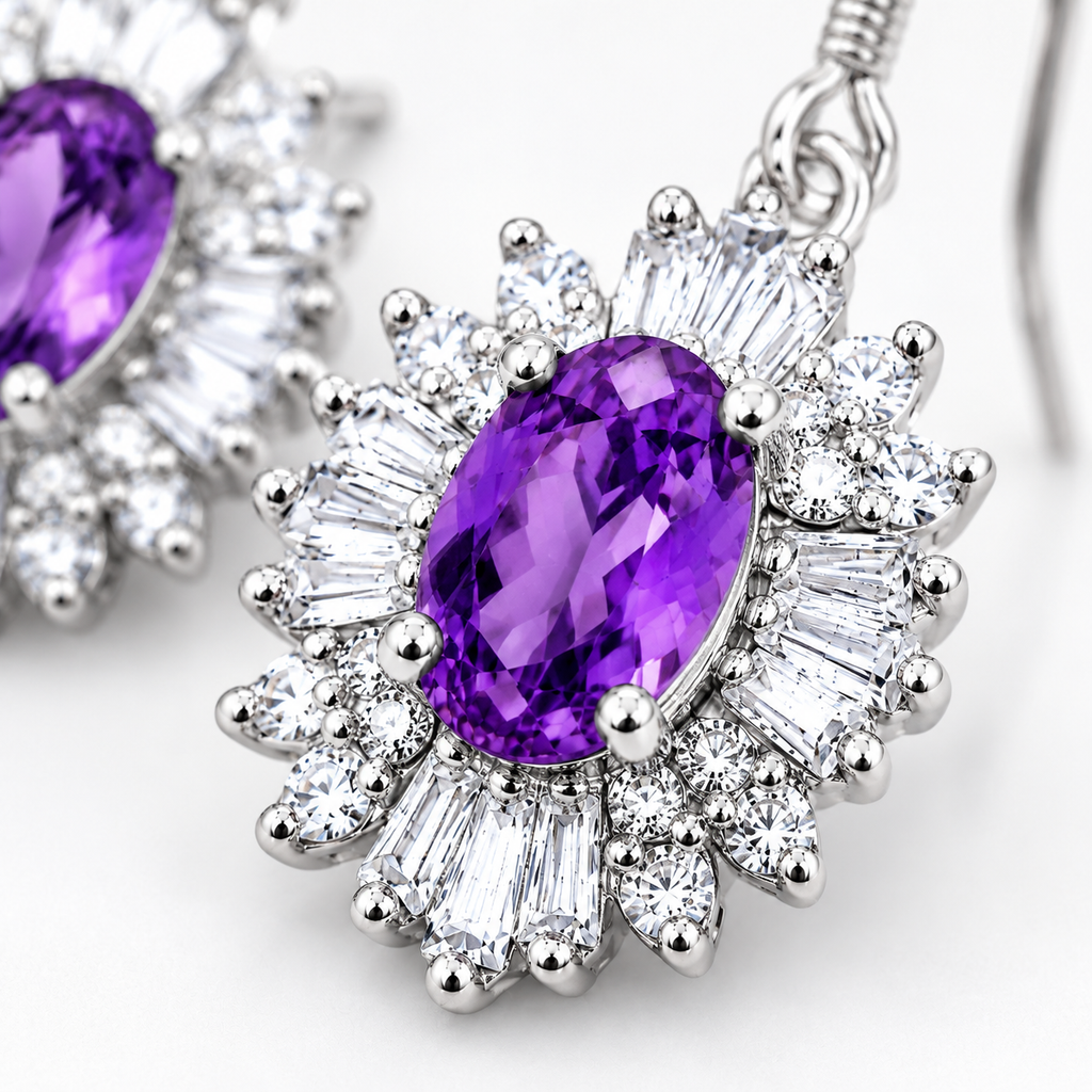 Macro close-up of a faceted purple amethyst surrounded by round and baguette cubic zirconia in polished sterling silver.