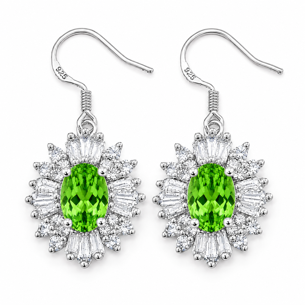 Top-down view of natural 4x6mm tsavorite earrings highlighting the vivid green gemstones and floral halo design.