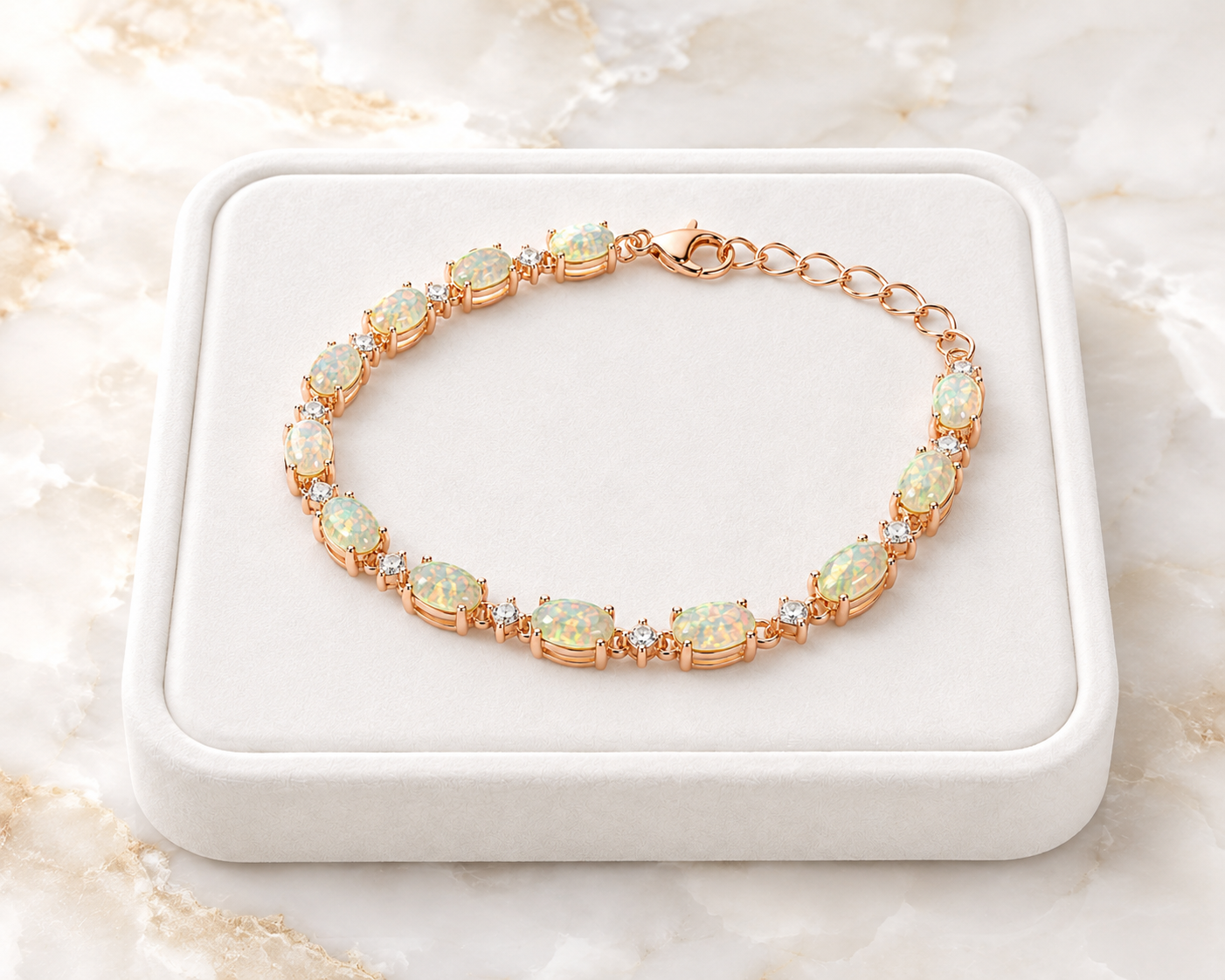 Fire opal tennis bracelet displayed on luxury jewelry tray