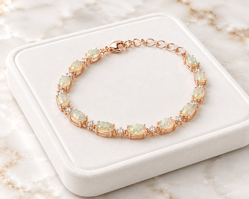 Fire opal tennis bracelet displayed on luxury jewelry tray