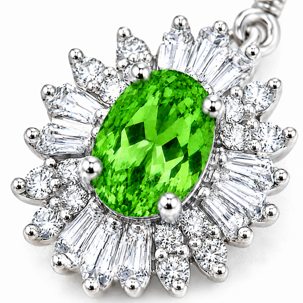 Macro close-up of a vivid green natural tsavorite gemstone surrounded by tapered baguette and round cubic zirconia accents in polished sterling silver.