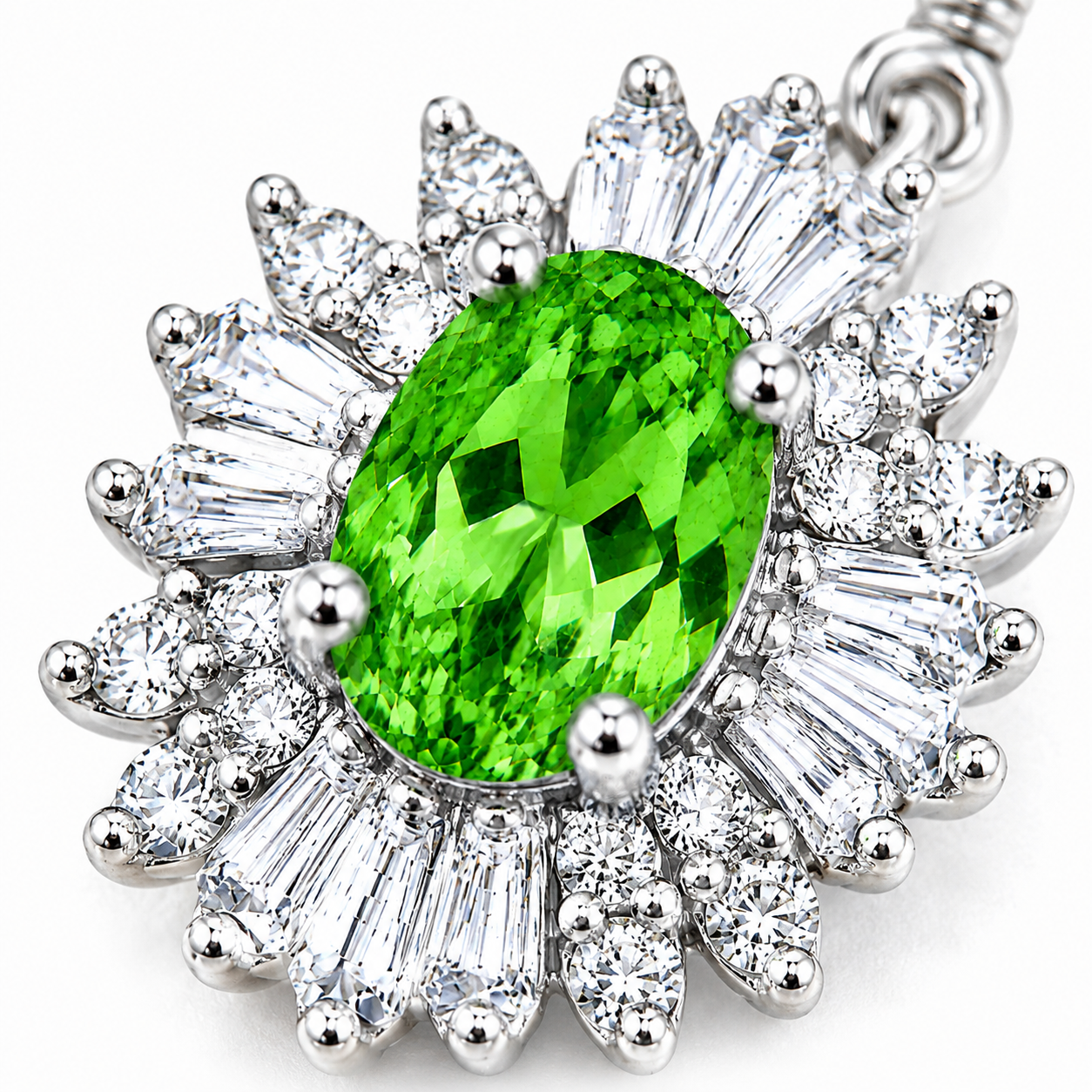 Macro close-up of a vivid green natural tsavorite gemstone surrounded by tapered baguette and round cubic zirconia accents in polished sterling silver.