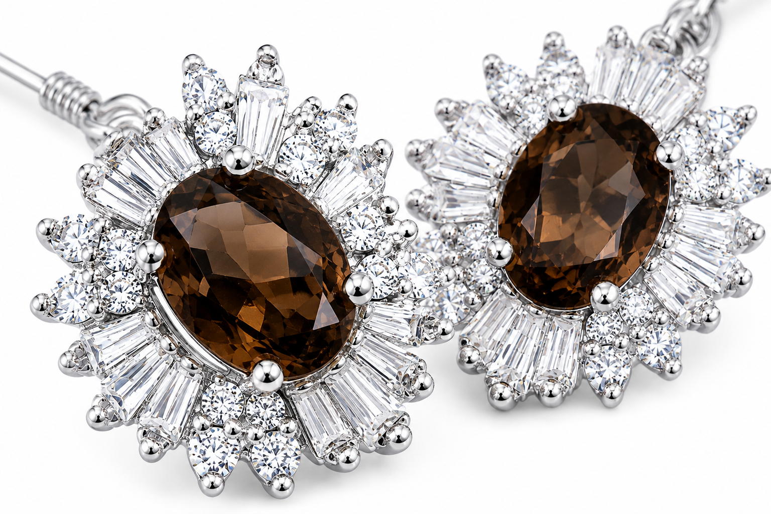 Macro close-up of a natural smoky quartz gemstone with rich brown color surrounded by brilliant round and tapered baguette cubic zirconia halo accents.