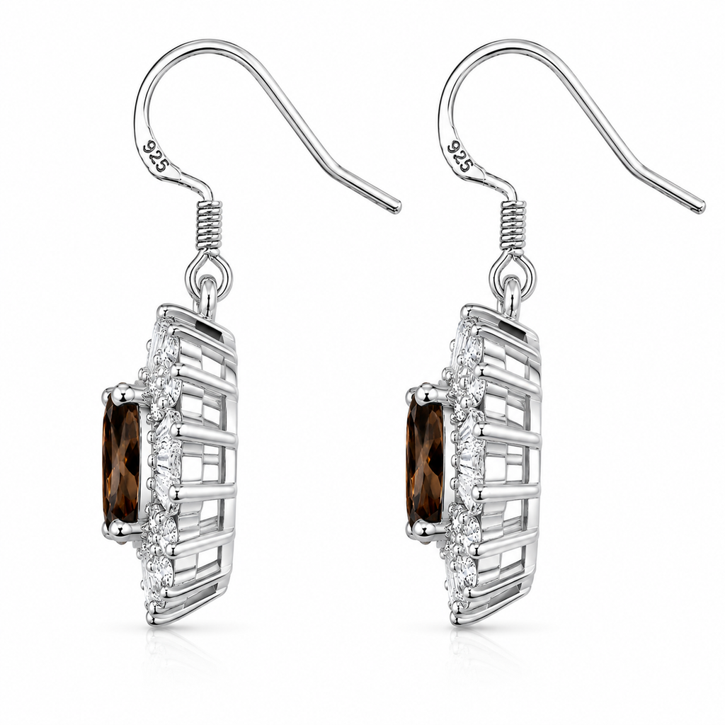 Side profile of natural smoky quartz halo earrings displaying the raised basket setting, open gallery, and polished sterling silver craftsmanship.