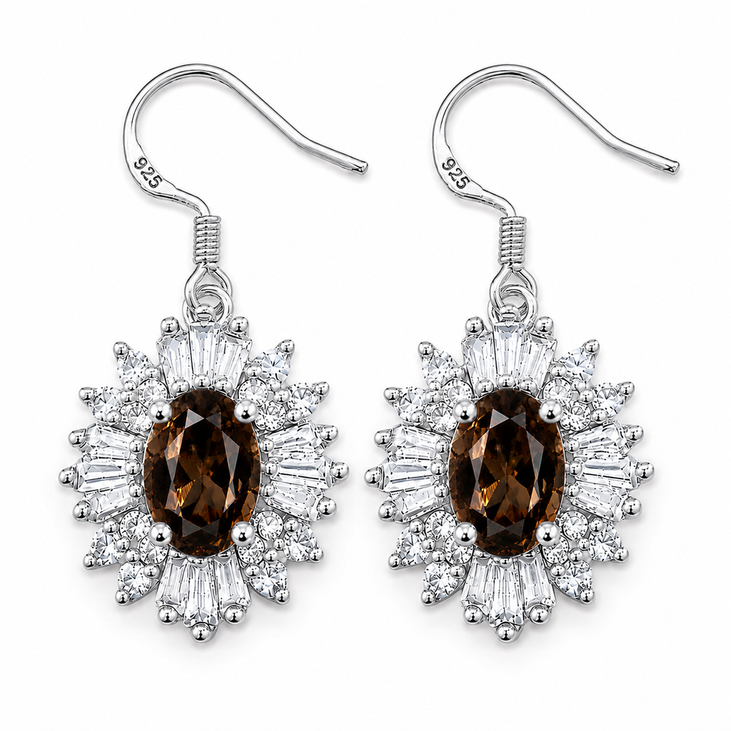 Top-down view of natural smoky quartz halo earrings showcasing brilliant brown oval gemstones surrounded by floral-inspired cubic zirconia accents.