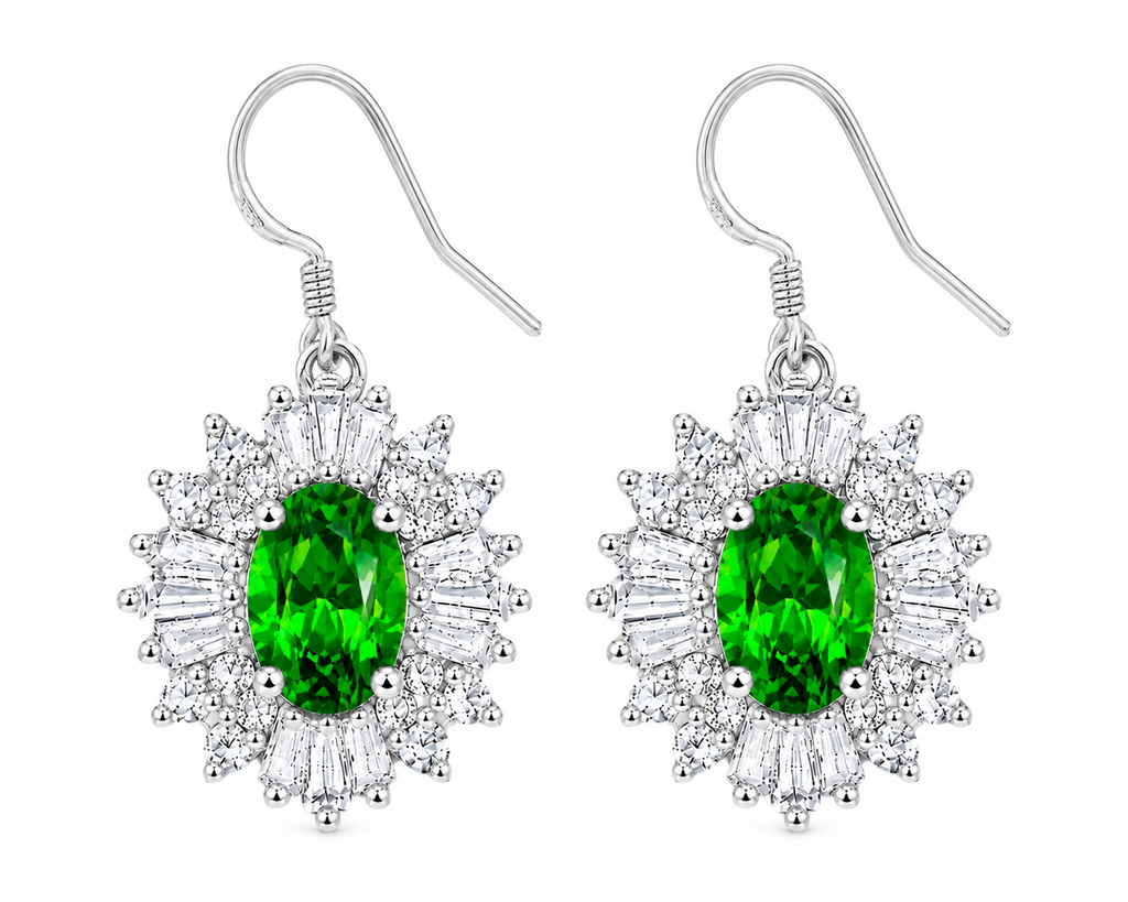 Top-down view of natural 4x6mm chrome diopside earrings highlighting the vivid green gemstones and floral halo design.