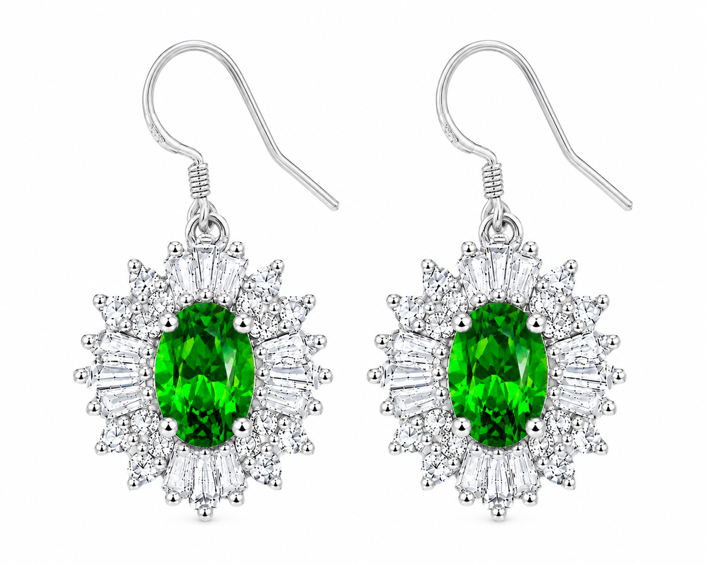 Top-down view of natural 4x6mm chrome diopside earrings highlighting the vivid green gemstones and floral halo design.