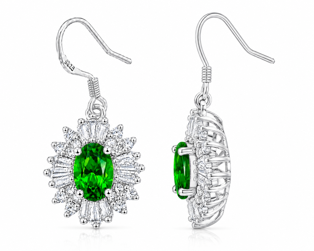 Side profile of natural chrome diopside halo earrings showing the raised basket setting, open gallery, and sterling silver craftsmanship.