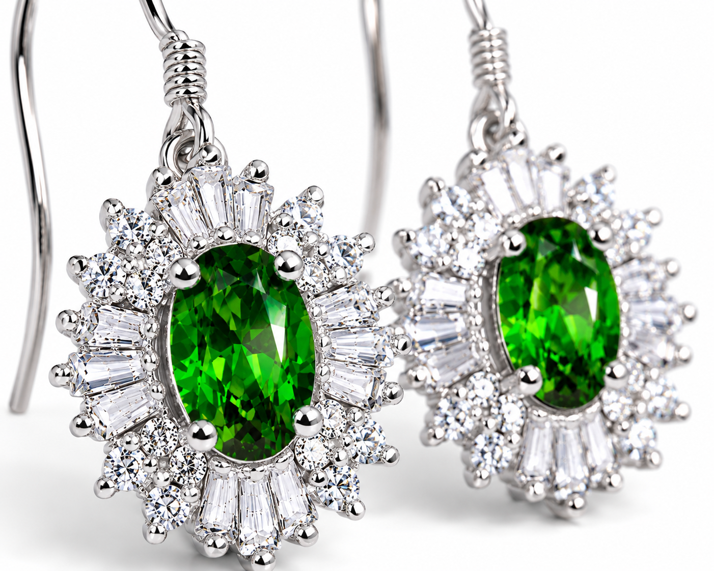 Macro close-up of a vivid green natural chrome diopside gemstone surrounded by tapered baguette and round cubic zirconia accents in polished sterling silver.