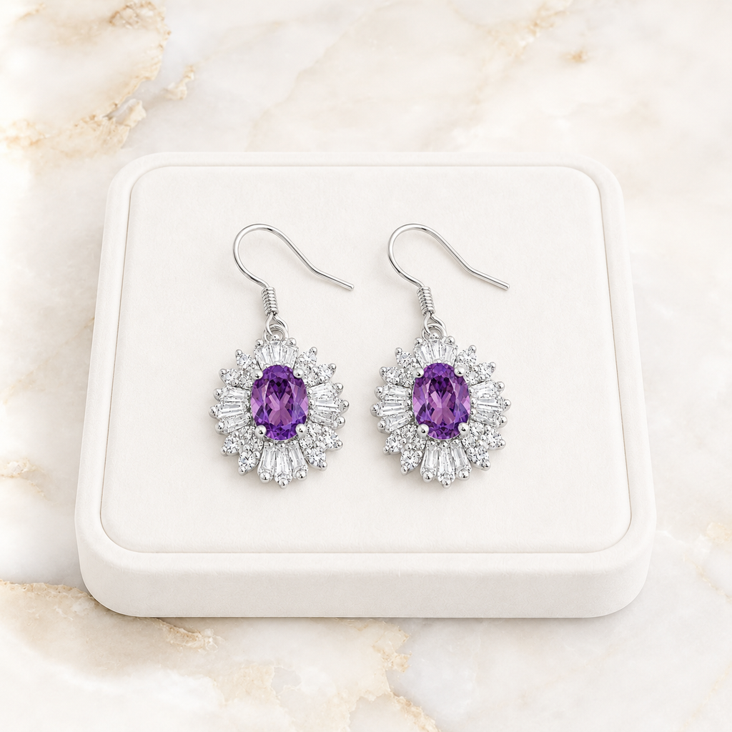 4x6mm Amethyst Halo Drop Earrings in 925 Sterling Silver