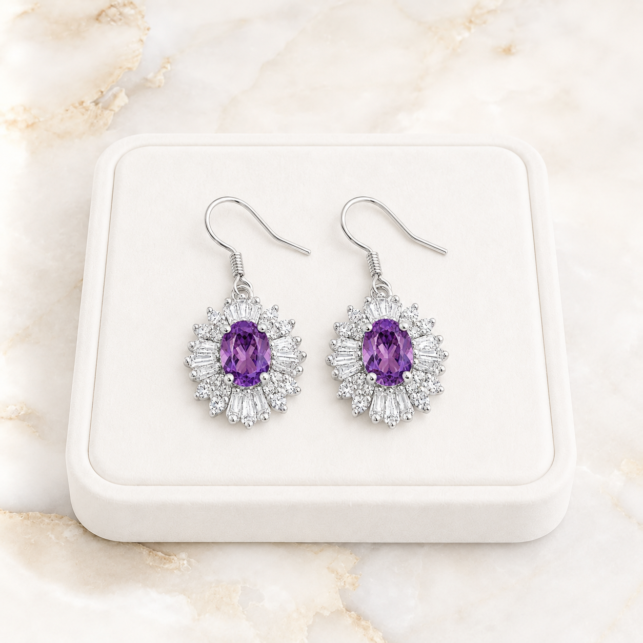 4x6mm Amethyst Halo Drop Earrings in 925 Sterling Silver