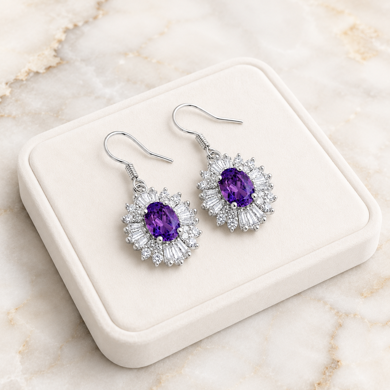 4x6mm Amethyst Halo Drop Earrings in 925 Sterling Silver