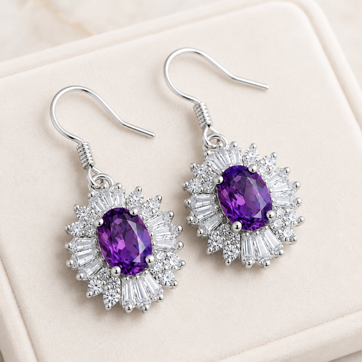 4x6mm Amethyst Halo Drop Earrings in 925 Sterling Silver