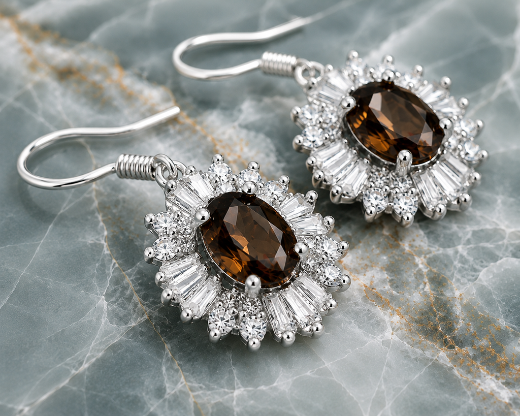 Natural 4x6mm oval smoky quartz halo drop earrings crafted in 925 sterling silver with sparkling cubic zirconia accents.