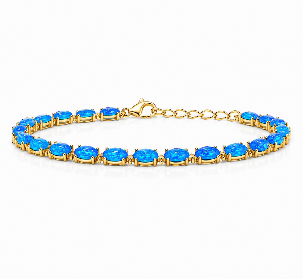 Natural Blue Fire Opal bracelet featuring 4x6mm oval Australian Fire Opals in 925 sterling silver with adjustable chain.
