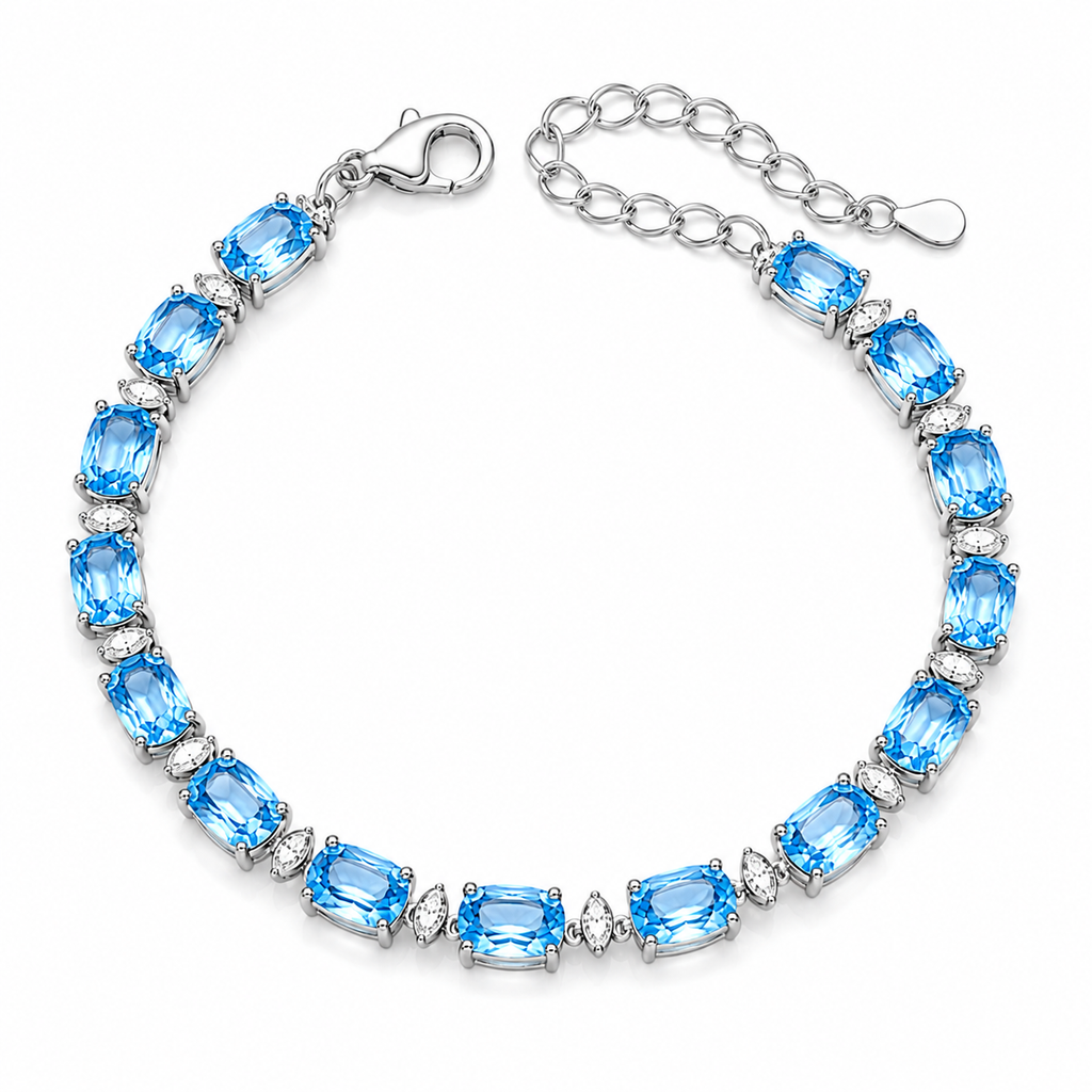 Natural Swiss Blue Topaz bracelet with 4x6mm gemstones in 925 sterling silver