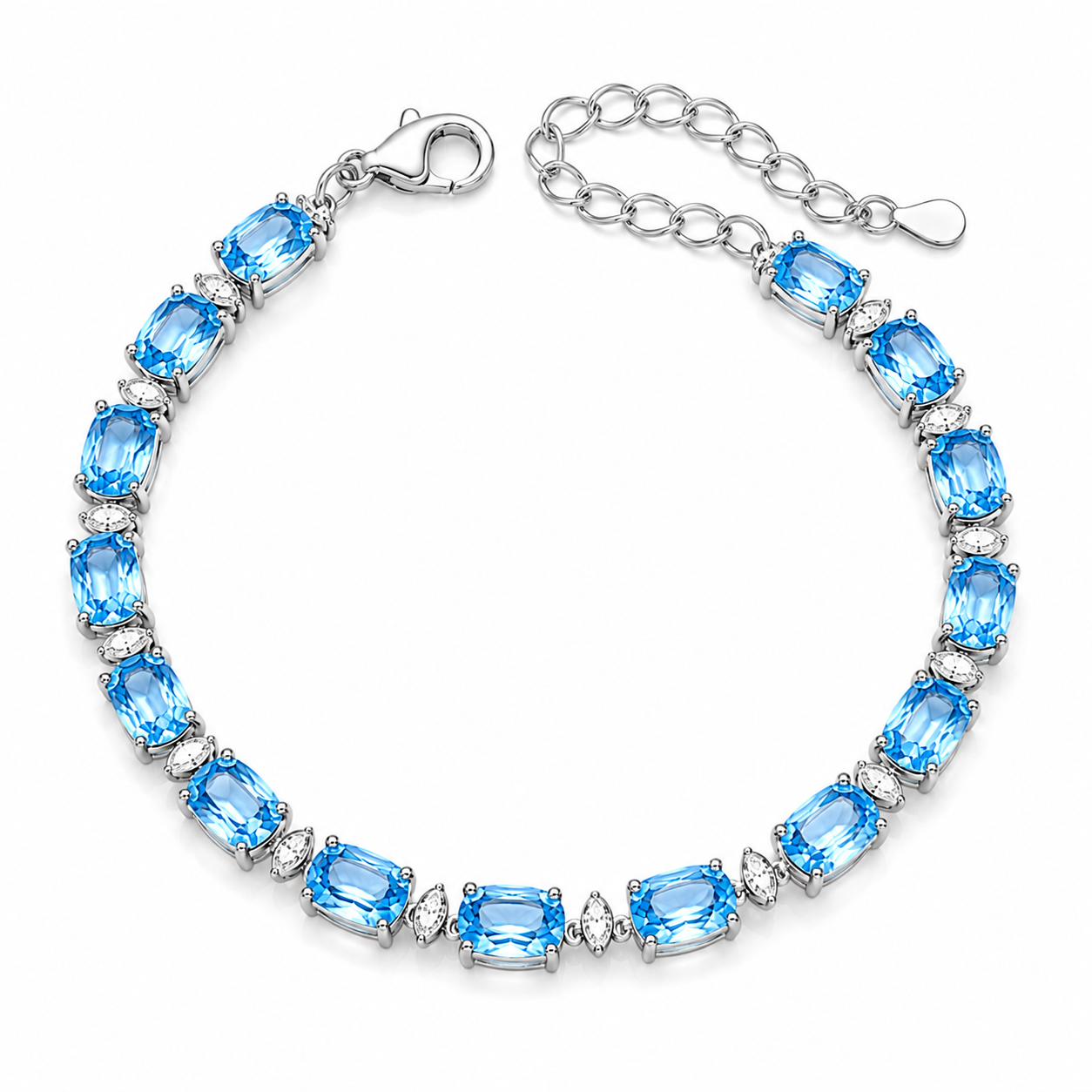 Natural Swiss Blue Topaz bracelet with 4x6mm gemstones in 925 sterling silver