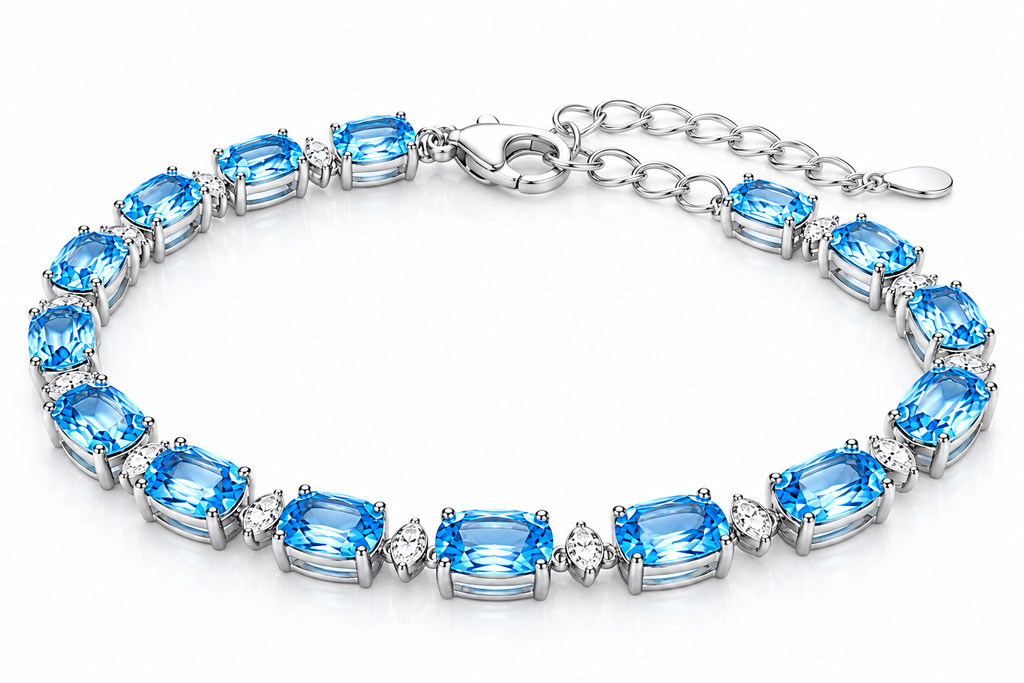 Natural Swiss Blue Topaz bracelet with 4x6mm gemstones in 925 sterling silver