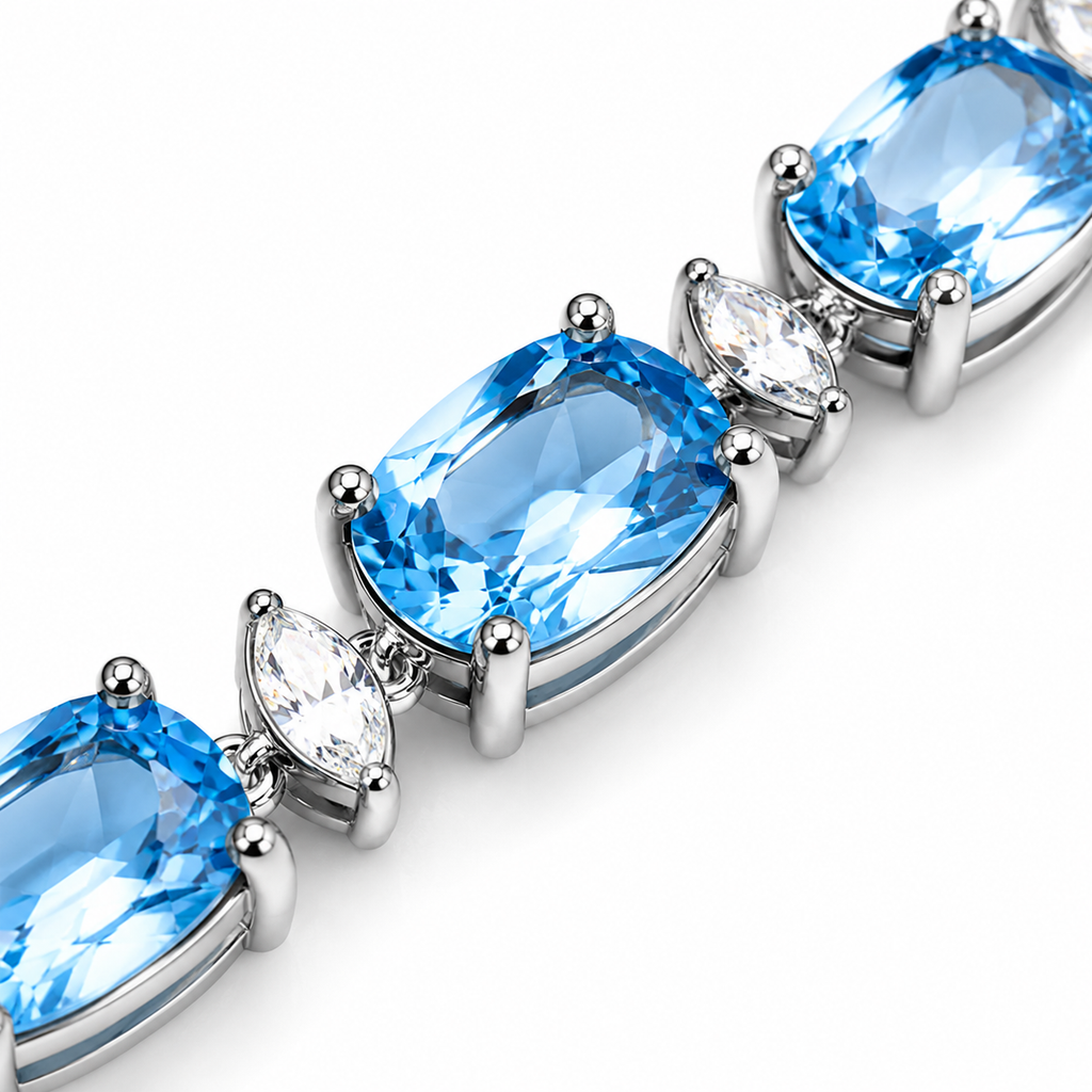 Natural Swiss Blue Topaz bracelet with 4x6mm gemstones in 925 sterling silver