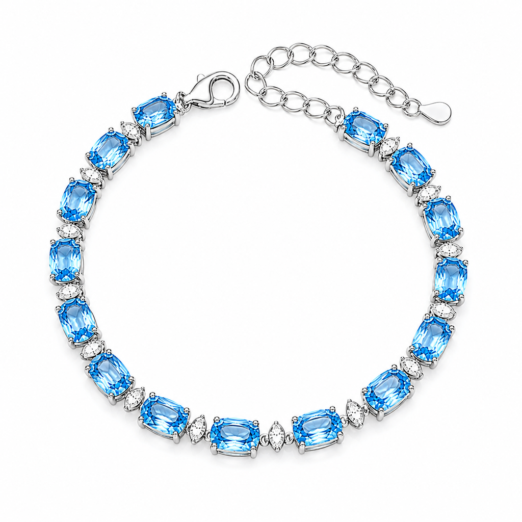Natural Swiss Blue Topaz bracelet with 4x6mm gemstones in 925 sterling silver