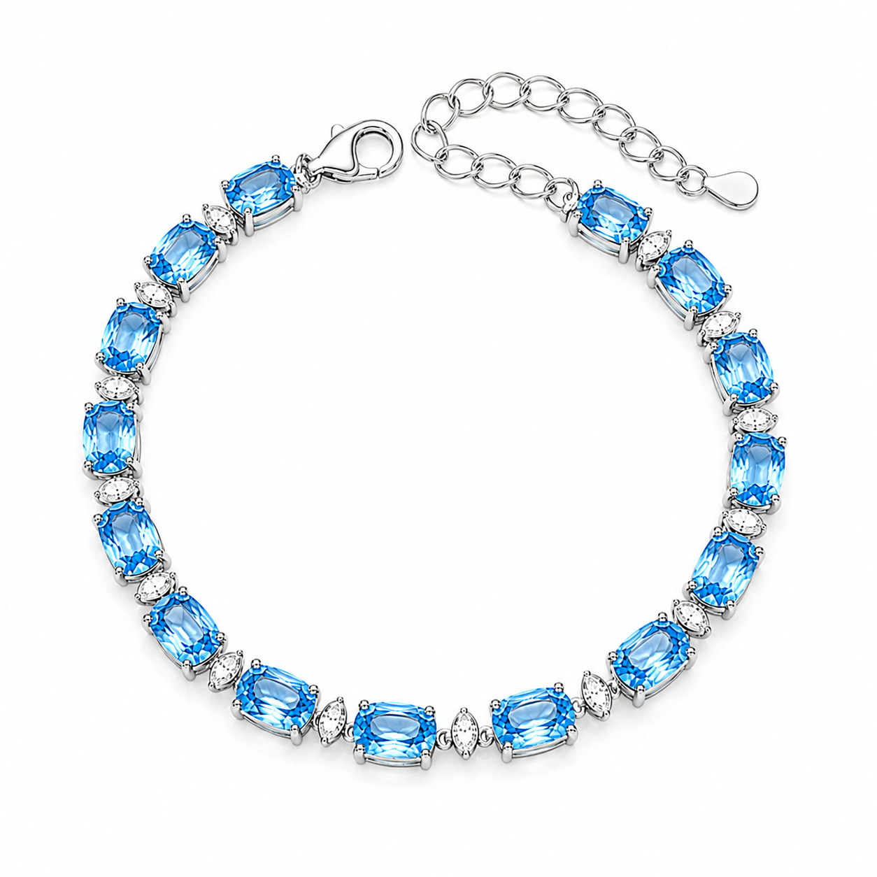 Natural Swiss Blue Topaz bracelet with 4x6mm gemstones in 925 sterling silver