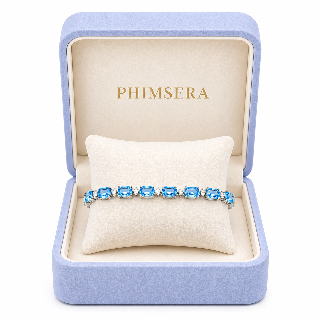 Natural Swiss Blue Topaz bracelet presented in a Phimsera gift box