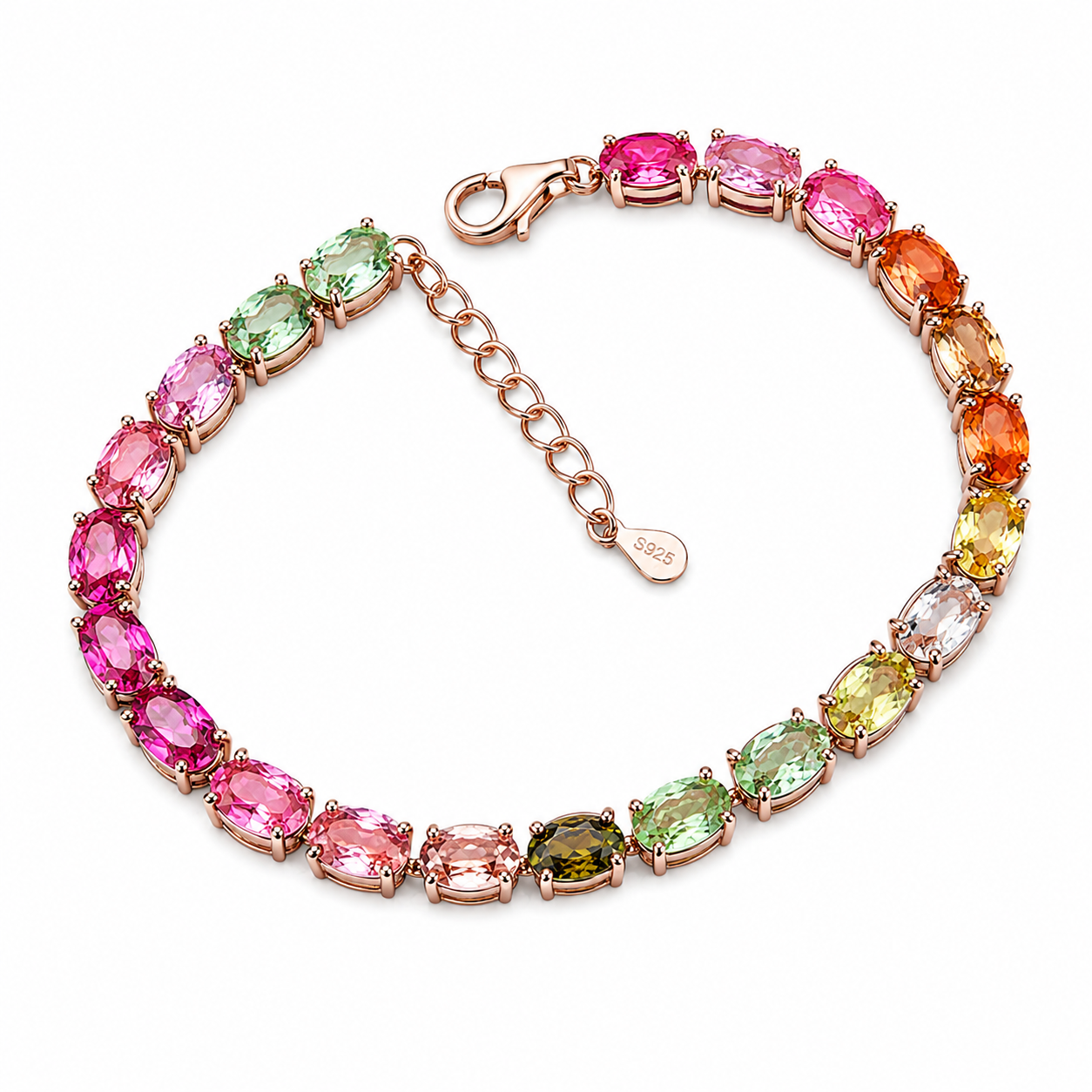 Natural Brazilian Tourmaline 4x6mm Tennis Bracelet in Rose Gold Plated 925 Sterling Silver