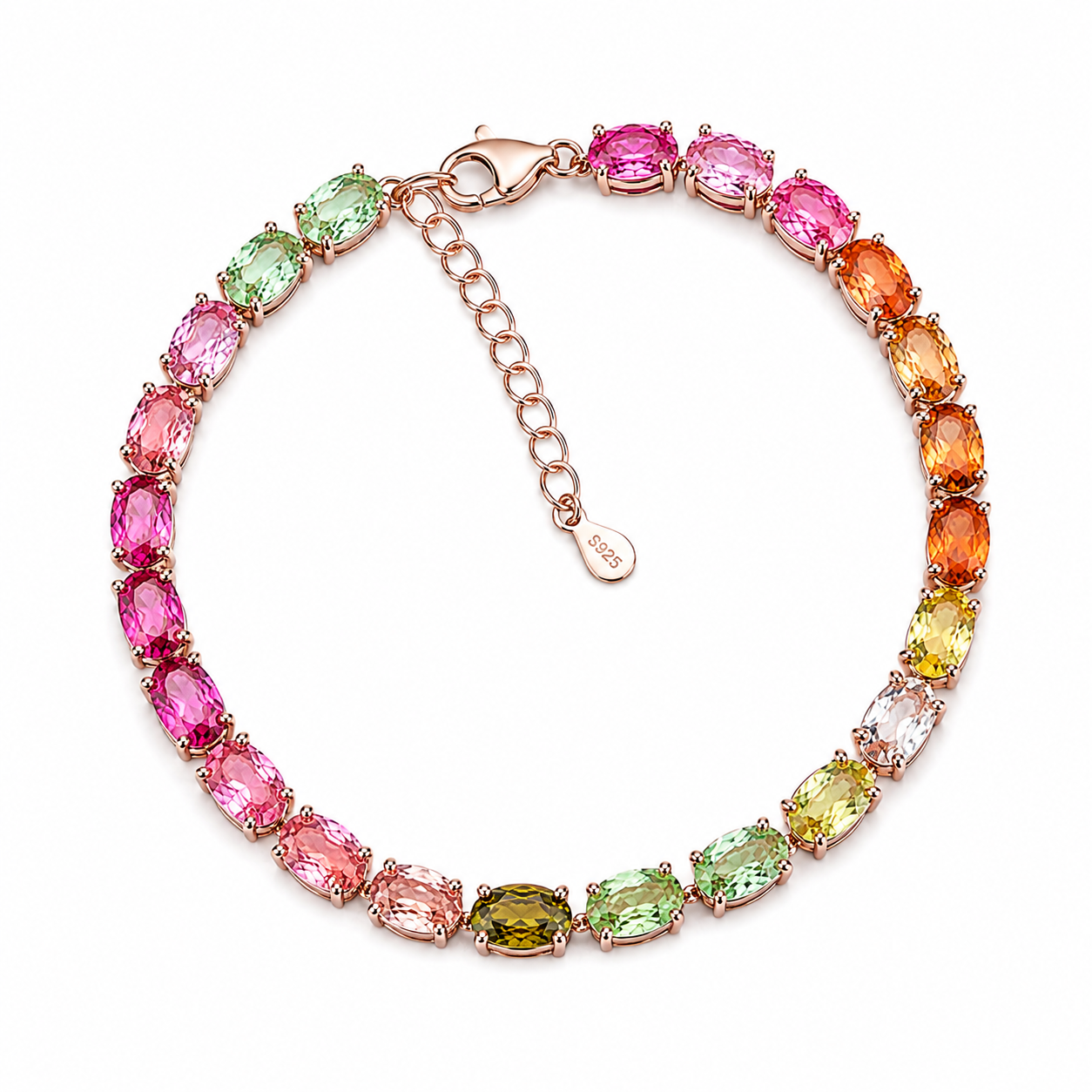 Natural Brazilian Tourmaline 4x6mm Tennis Bracelet in Rose Gold Plated 925 Sterling Silver