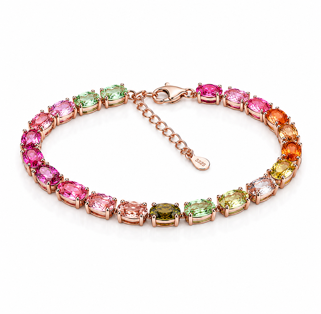 Natural Brazilian Tourmaline 4x6mm Tennis Bracelet in Rose Gold Plated 925 Sterling Silver
