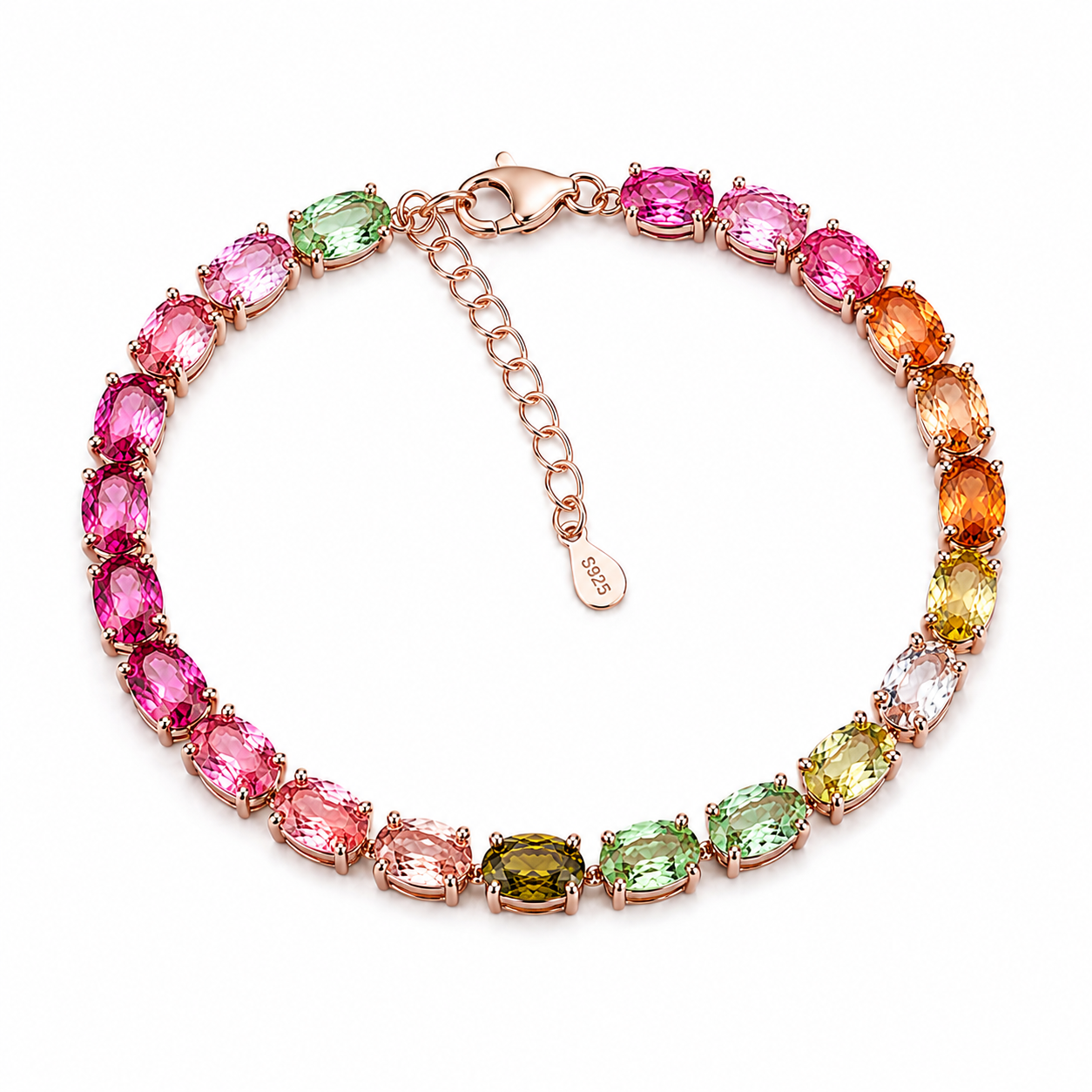 Natural Brazilian Tourmaline 4x6mm Tennis Bracelet in Rose Gold Plated 925 Sterling Silver