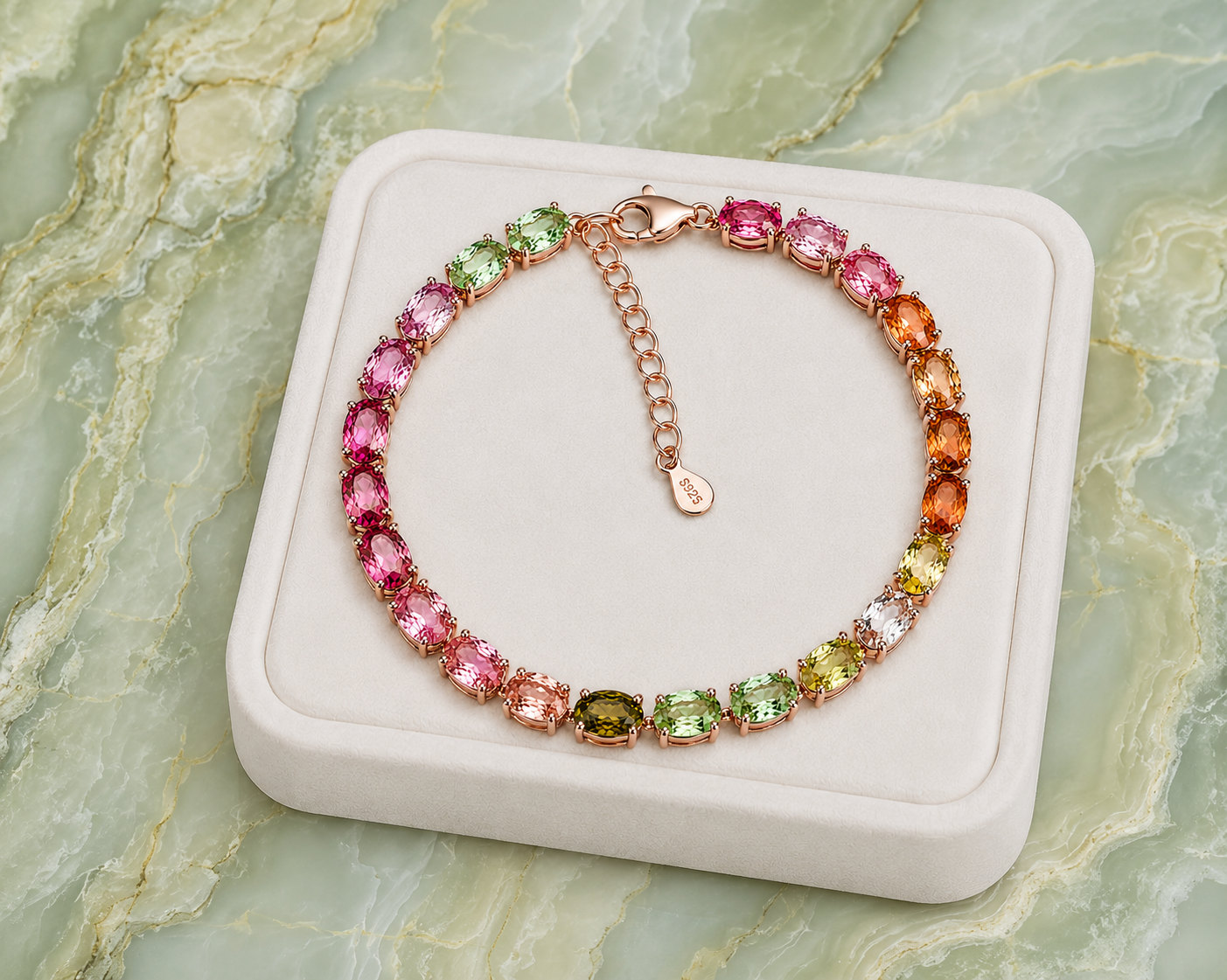 Natural Brazilian Tourmaline 4x6mm Tennis Bracelet in Rose Gold Plated 925 Sterling Silver