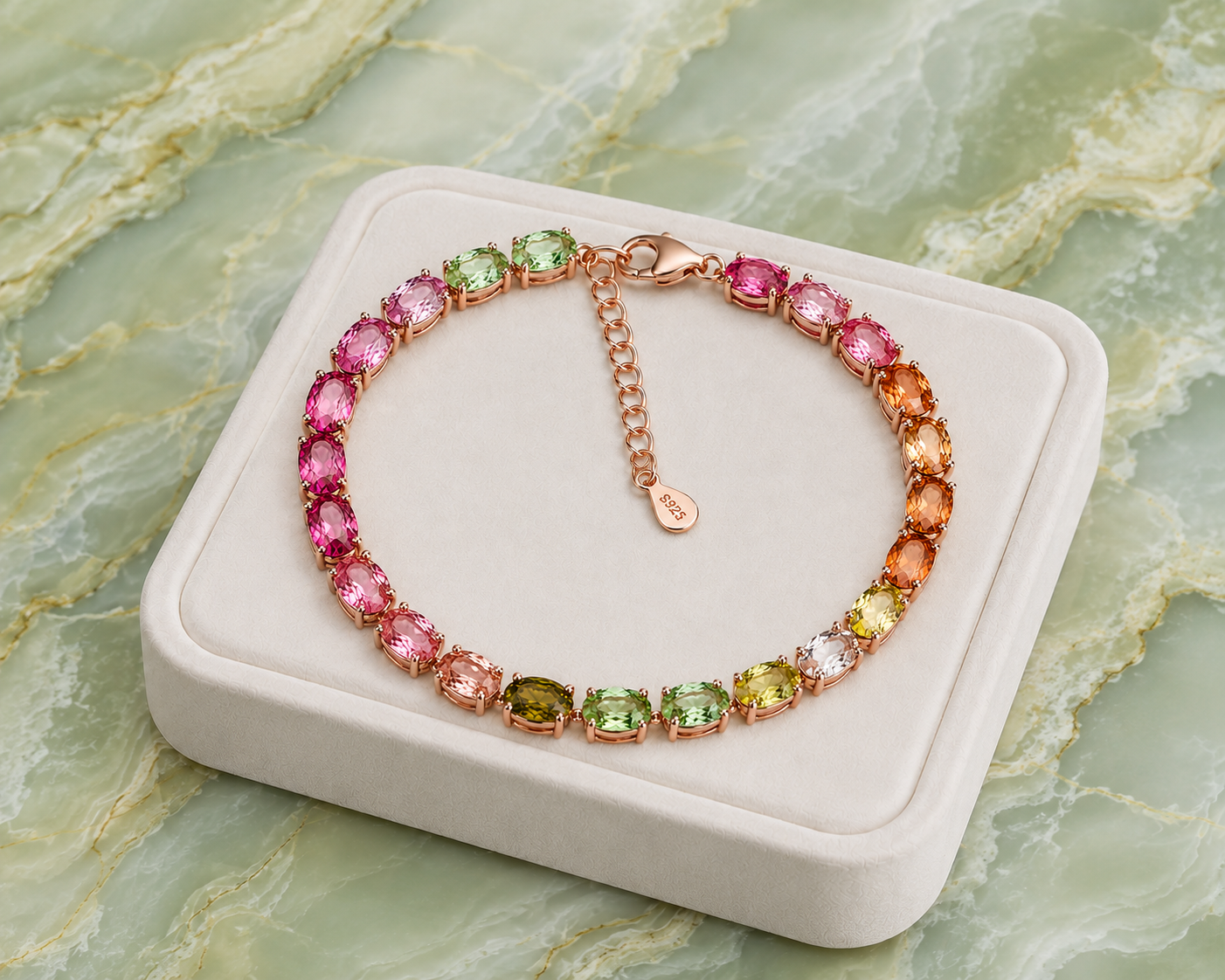 Natural Brazilian Tourmaline 4x6mm Tennis Bracelet in Rose Gold Plated 925 Sterling Silver