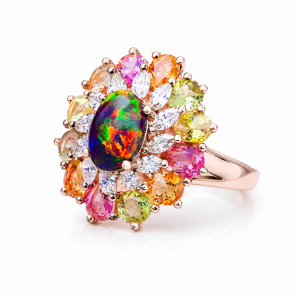 Natural Black Australian Fire Opal Ring with Multicolor Sapphires in 925 Sterling Silver